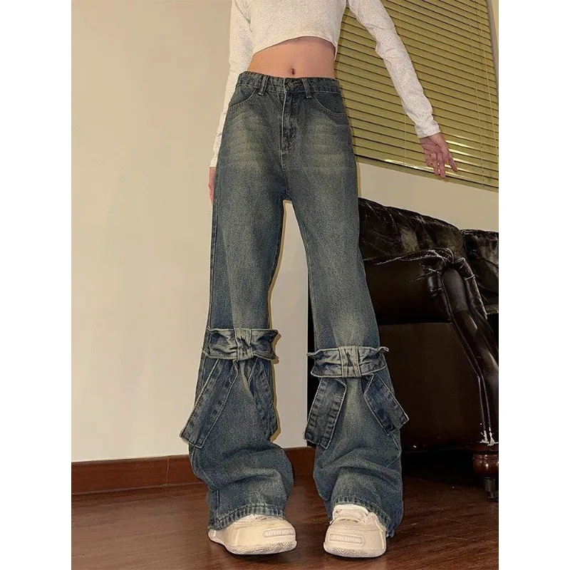 

Splicing Bow Slim Jeans Women's Retro High Waist Slim Legs Straight Vaqueros Hong Kong Style New Loose Denim Sweapants New Trend