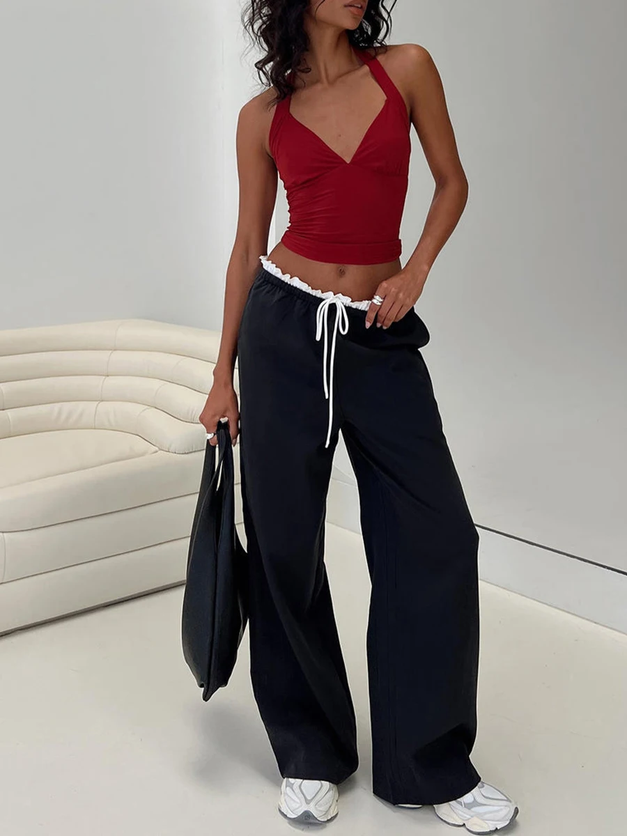 Women s Straight Wide Leg Pants Elastic Low Waist Frill Trim Pants Lounge Trousers with Pockets