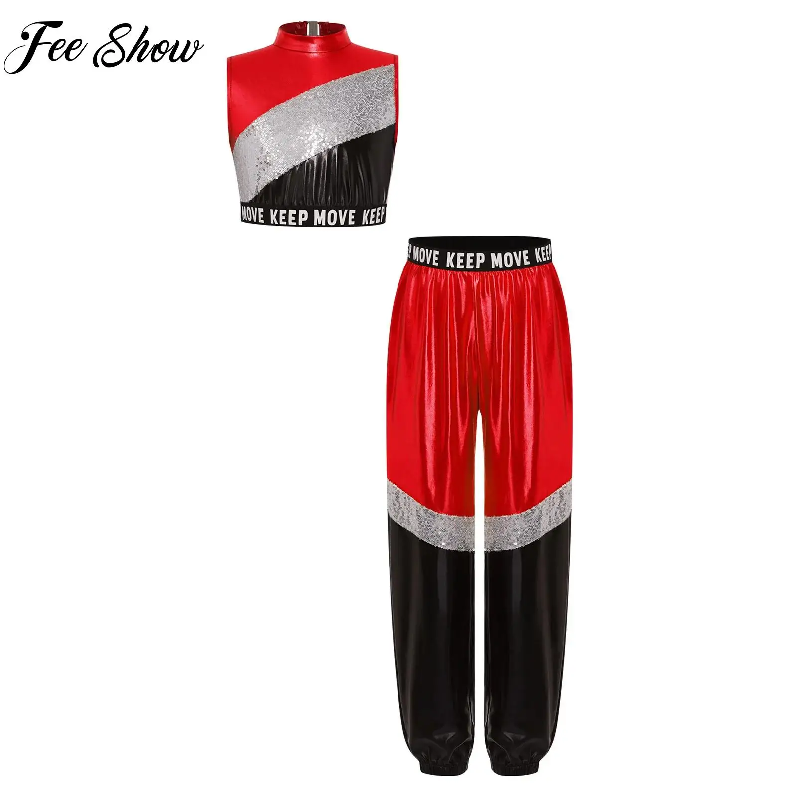 

Girls 2-piece Sequins Jazz Street Dance Outfit Sleeveless Metallic Crop Top+Pants Set for School Basketball Cheerleading Uniform