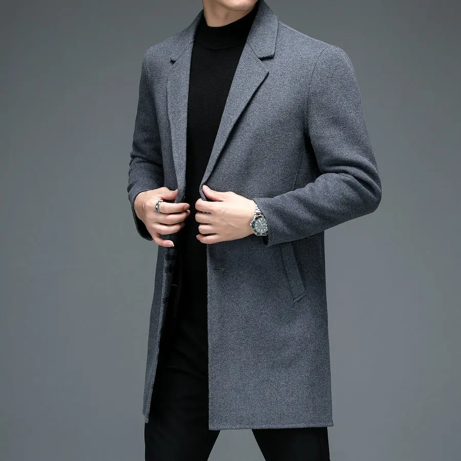 England Style Men Gray Black Navy Blue Wool Overcoat Male Elegant Notched Collar Single-Breasted Cashmere Woolen Coat Winter New