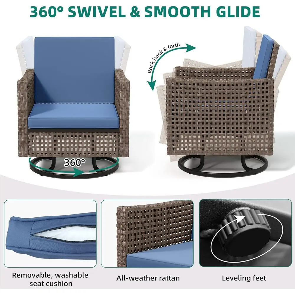 3-Piece Swivel Wicker Patio Set with Rattan Side Table and Cushions, Blue