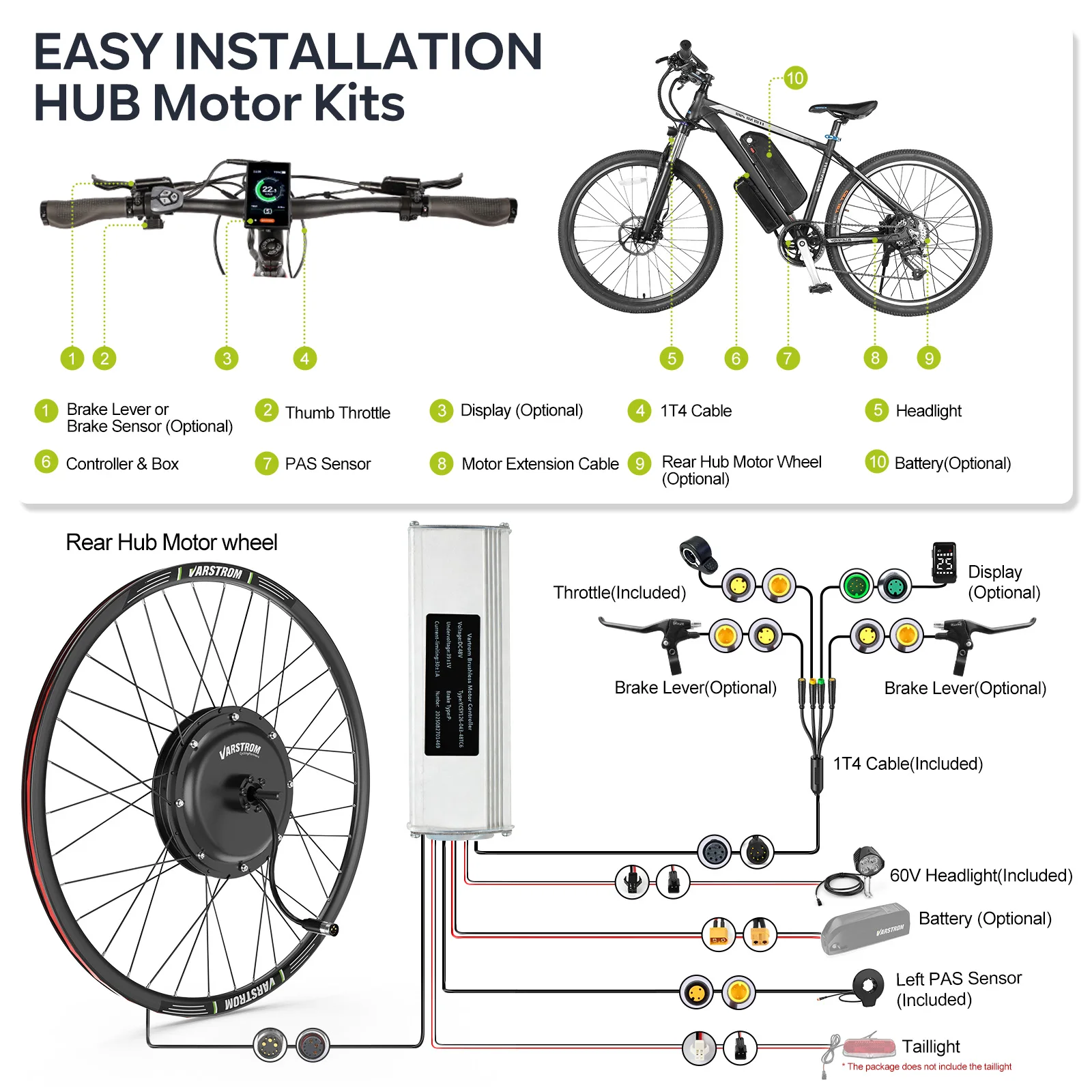 Varstrom 1000W Hub Motor Wheel 48V Electric Bicycle Conversion Kit Gearless Brushelss Motor Rear Drive Ebike Kit 26-29 inch 700C