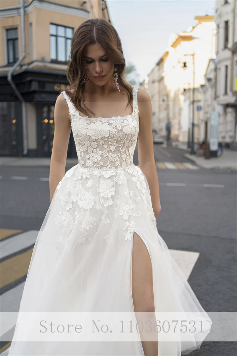 Robe de mariée en dentelle avec appliques florales en tulle pour femmes, robe de cour à fente latérale A-Line, collat carré élégant, robe de mariée éducative