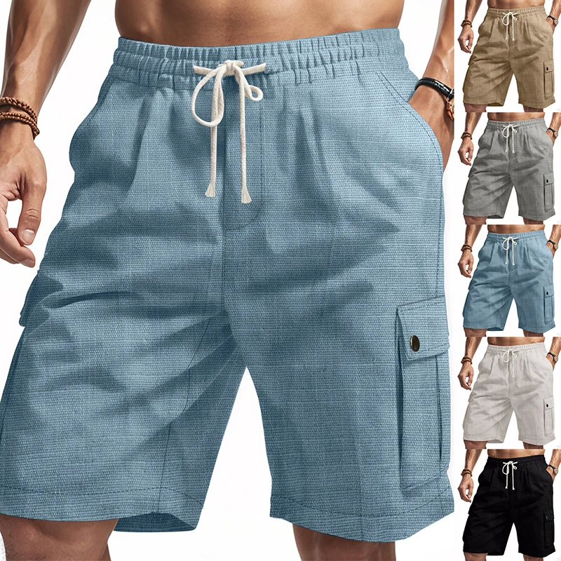 New Multi-pocket Casual Shorts Men Summer Work Breathable Short Pant Lightweight Linen Beach Shorts Drawstring Knee Length Pant