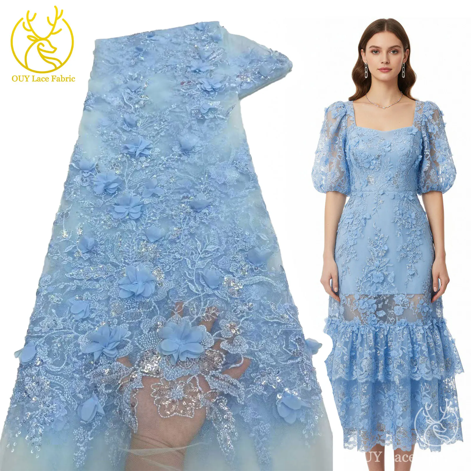 

Latest Blue French 3D Flower Sequin Lace Fabric 2025 High Quality Nigerian African Beaded Embroidery Lace Fabric Dress Sewing