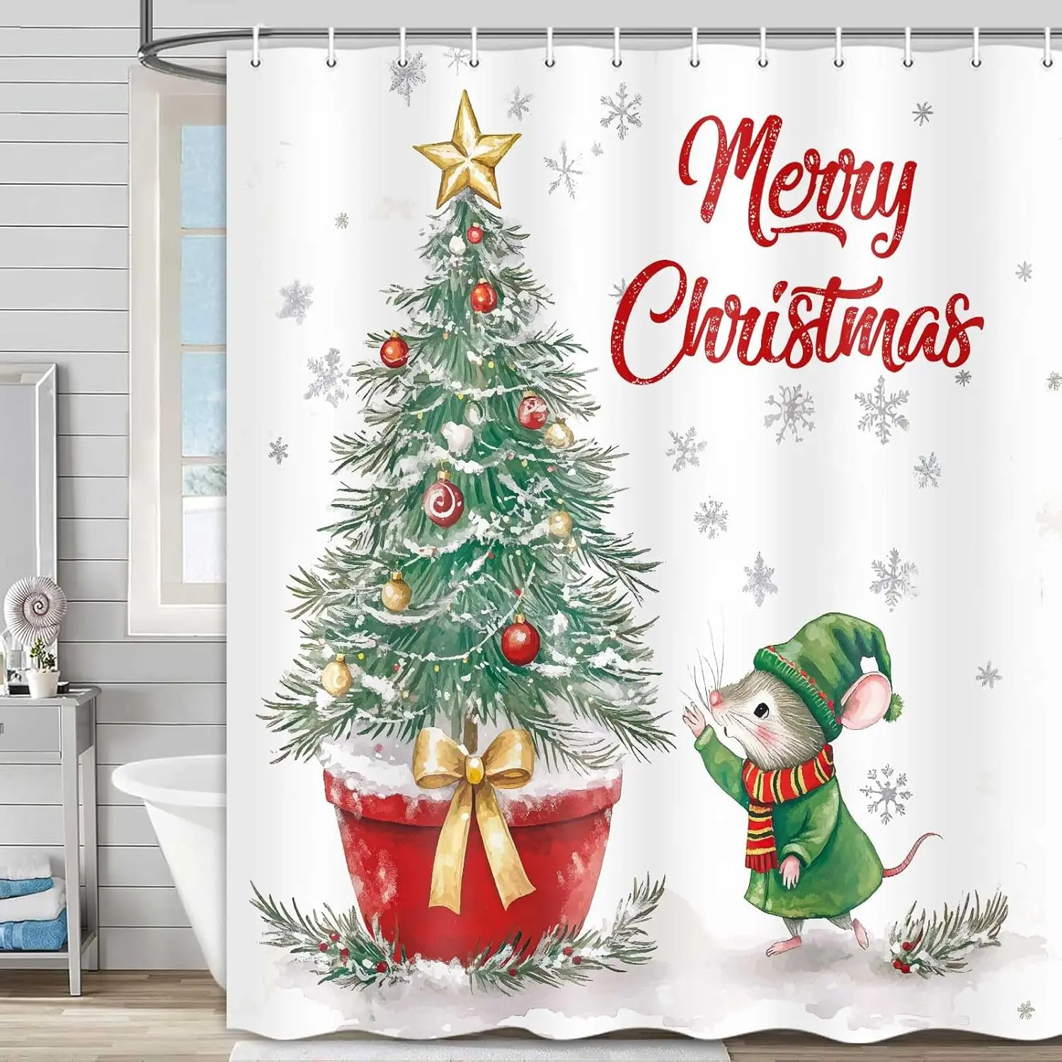

Christmas Shower Curtains Merry Xmas Green Christmas Tree Winter White Snow Gold Stars Red Scarf Bathroom Shower Curtain Xmas