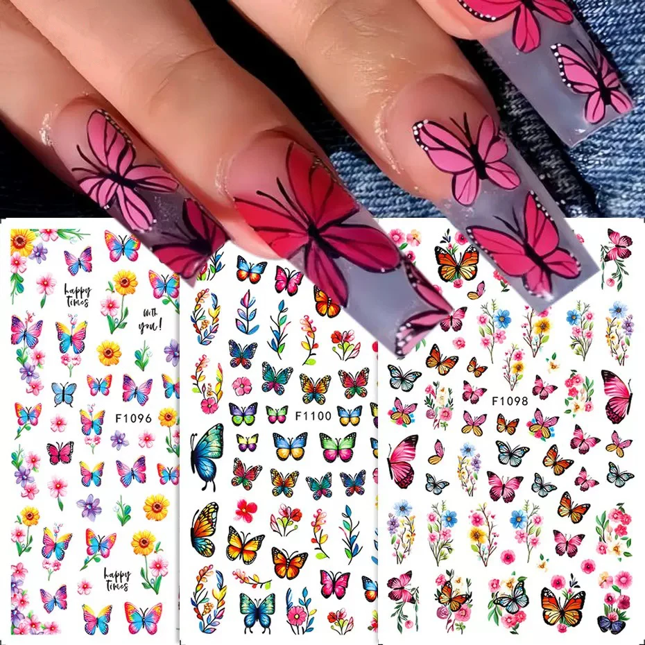 

1PCS 3D Nail Sticker Cartoon Pattern with Colorful Butterflies Beautiful Flowers Bright Rose for Decorating Nails