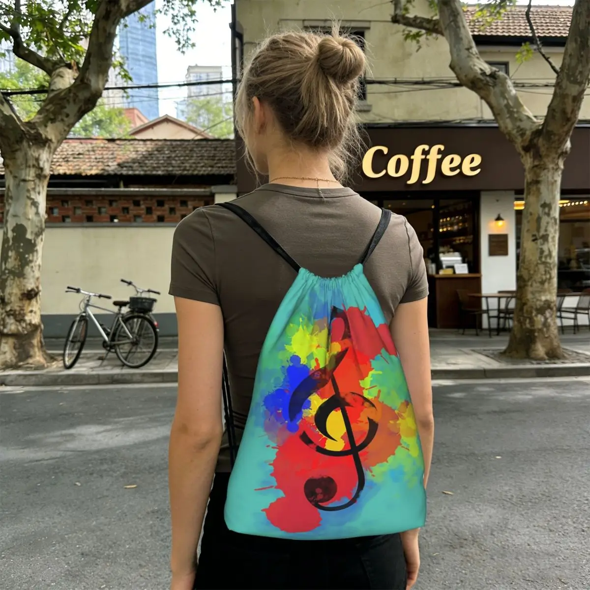 

Splash Ink Music Note Backpacks Fashion Drawstring Bundle Pocket Shoes Bag Book Bags for Man Woman Students