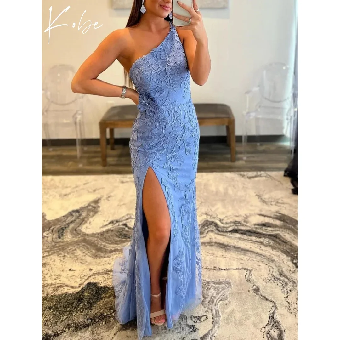 

Kobe Blue Side High Split Prom Dresses One Shoulder Sleeveless Customized فساتين سهرات vestido de gala noche mujer
