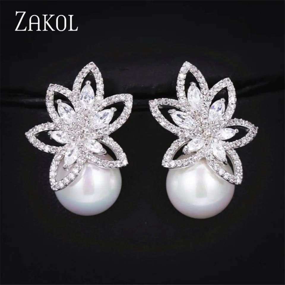

ZAKOL Luxury Flower Austrian Cubic Zirconia Stud Earrings for Women Fashion Imitation Pearl Snow Flower Bridal Wedding Jewelry