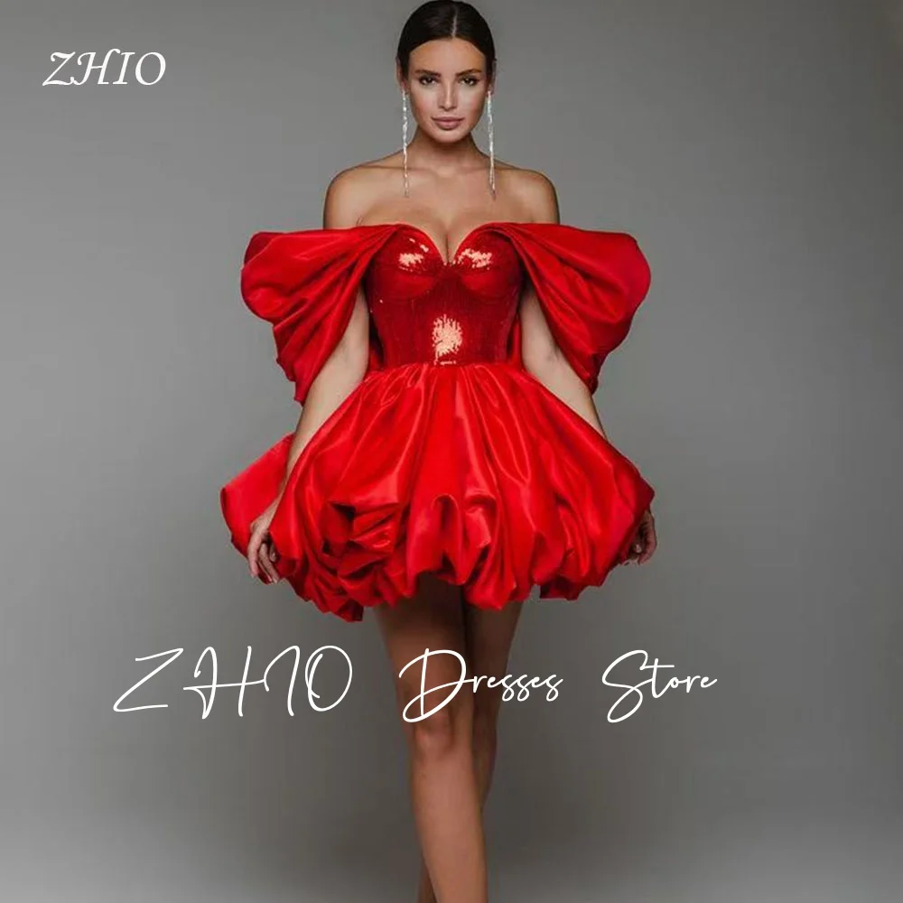 

ZHIO Sexy Red Off Shoulder Short Party Dress A-Line Sequin Satin Draped Special Occasion Mini Prom Gown Customized Classic