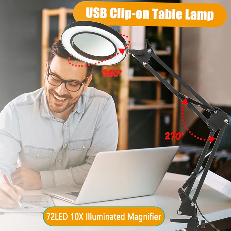 72 LED 10X NEW Illuminated Magnifier USB 3 Colors LED Magnifying Glass for Soldering Iron Repair/Table Lamp/Skincare Beauty Tool