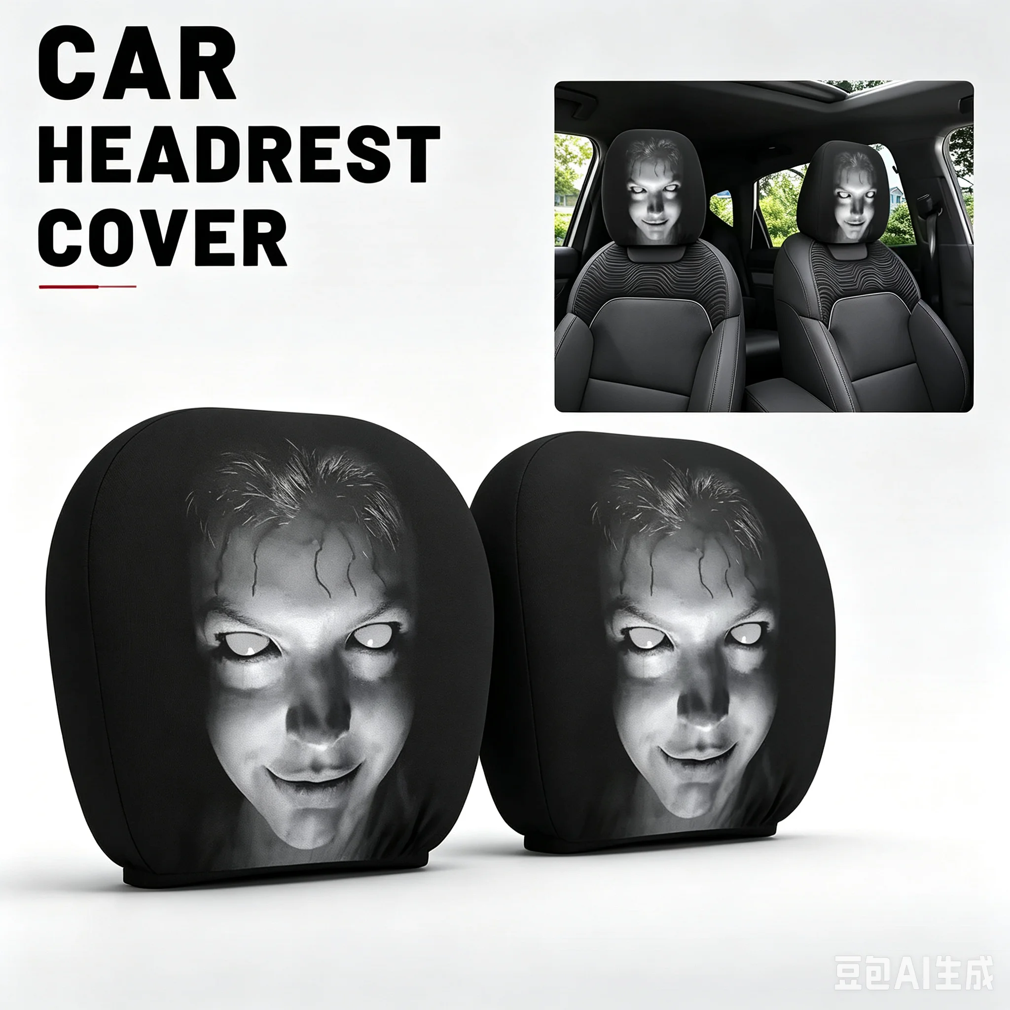 4pcs Car Headrest Covers Universal Elastic Fit Horror Theme Skull Design Funny All Occasions Seat Protectors Car Accessories