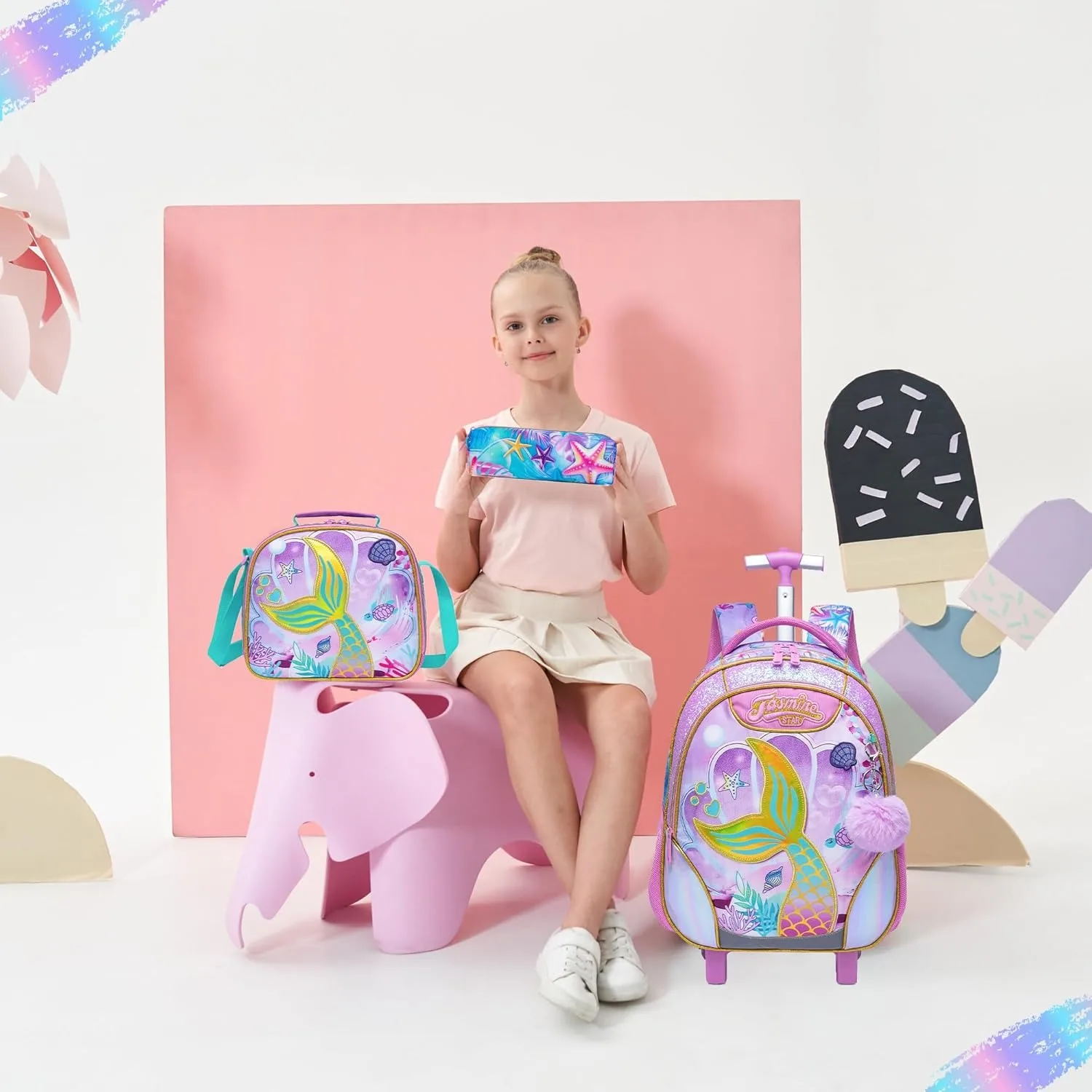 حقيبة ظهر حورية البحر للفتيات والأطفال حقيبة مدرسية بعجلات للسفر تحمل الأمتعة حقيبة كتب ذات سعة كبيرة للمدرسة الابتدائية #6
