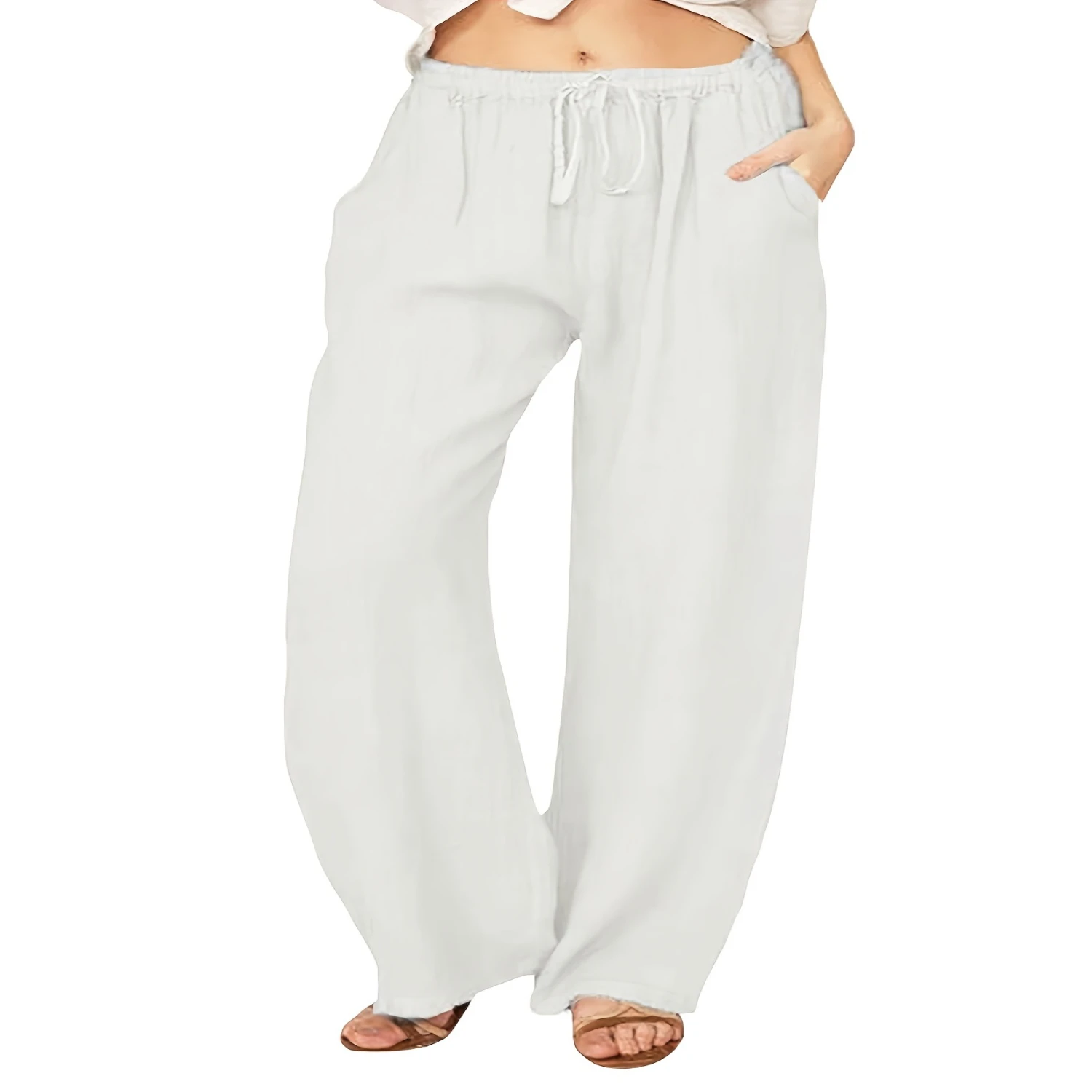 Wide Leg Pants with Drawstring - Flattering Pockets - Casual Everyday Style