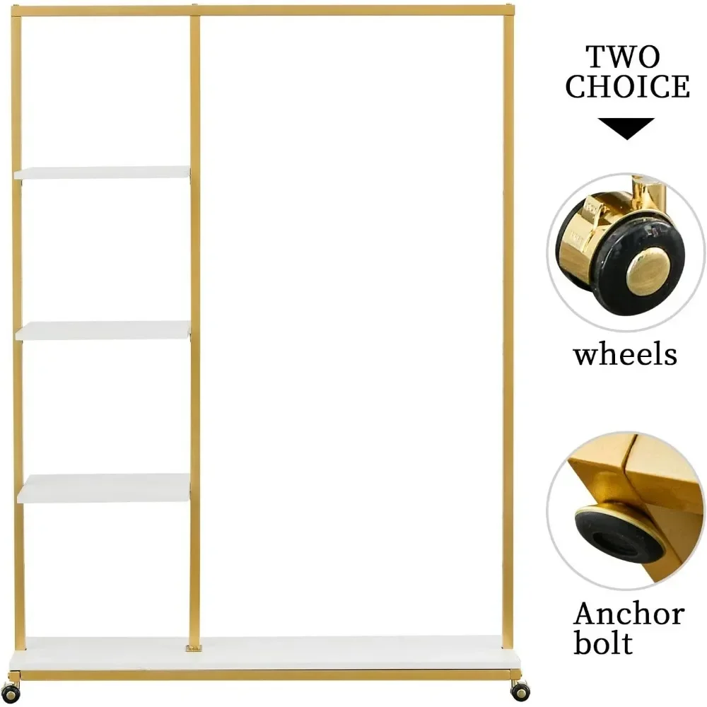 Racks de roupas dourados com prateleiras de madeira de 4 camadas, cremalheiras de roupas douradas para pendurar racks de exibição de roupas, cabide portátil