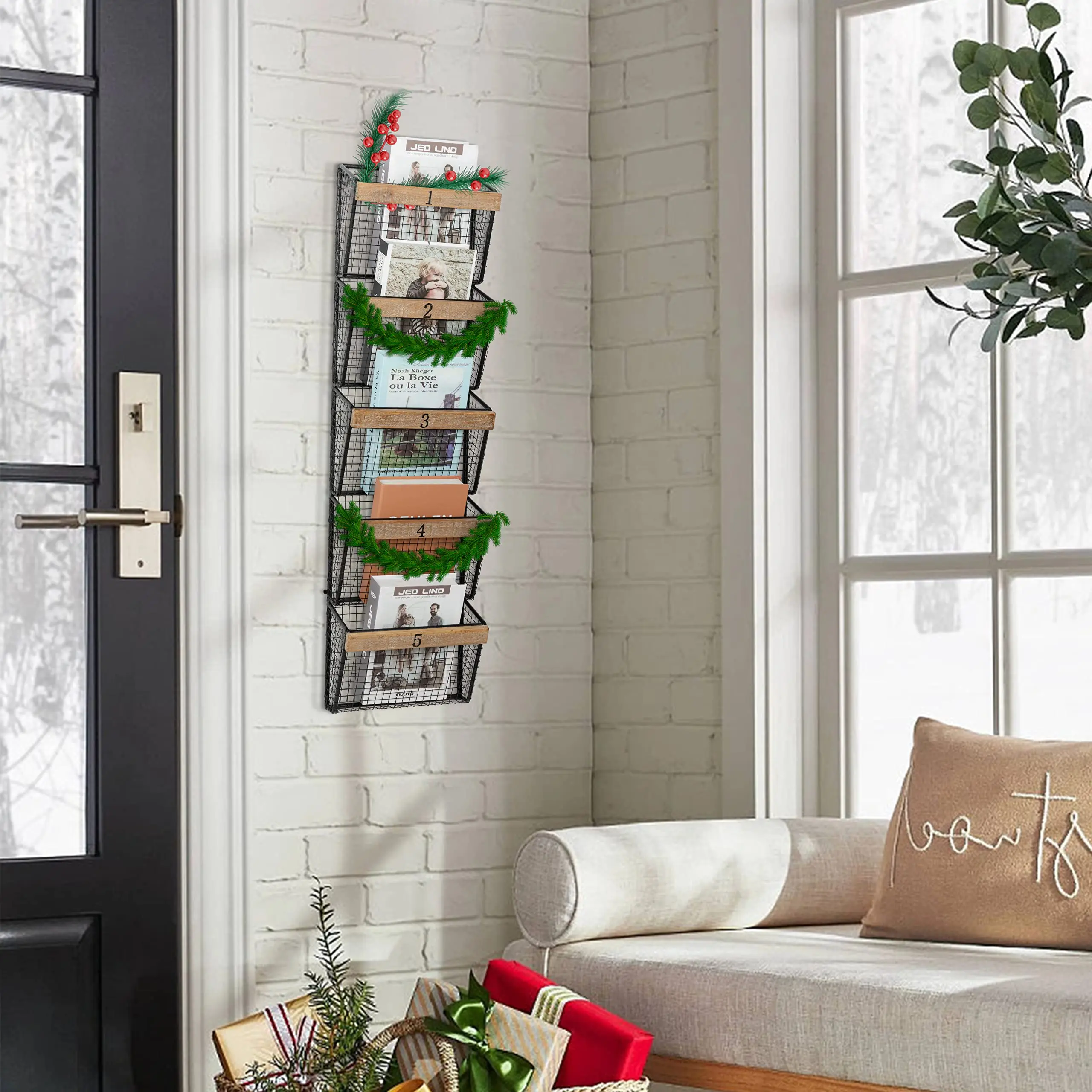 Wall Mounted File Magazine Mail Rack Holder, Metal Basket Shelf Wall Organizer for Newspapers, Magazines, Fit for