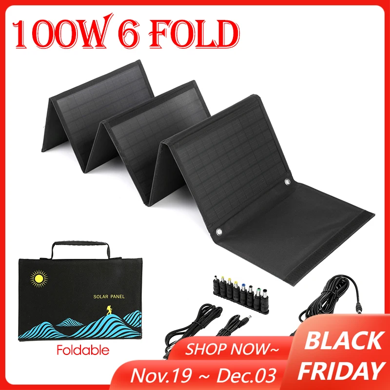 

100W 6Fold Solar Panel Folding Bag Portable Power Bank For Outdoor Emergency Phone Battery Charger USB+DC Output Waterproof