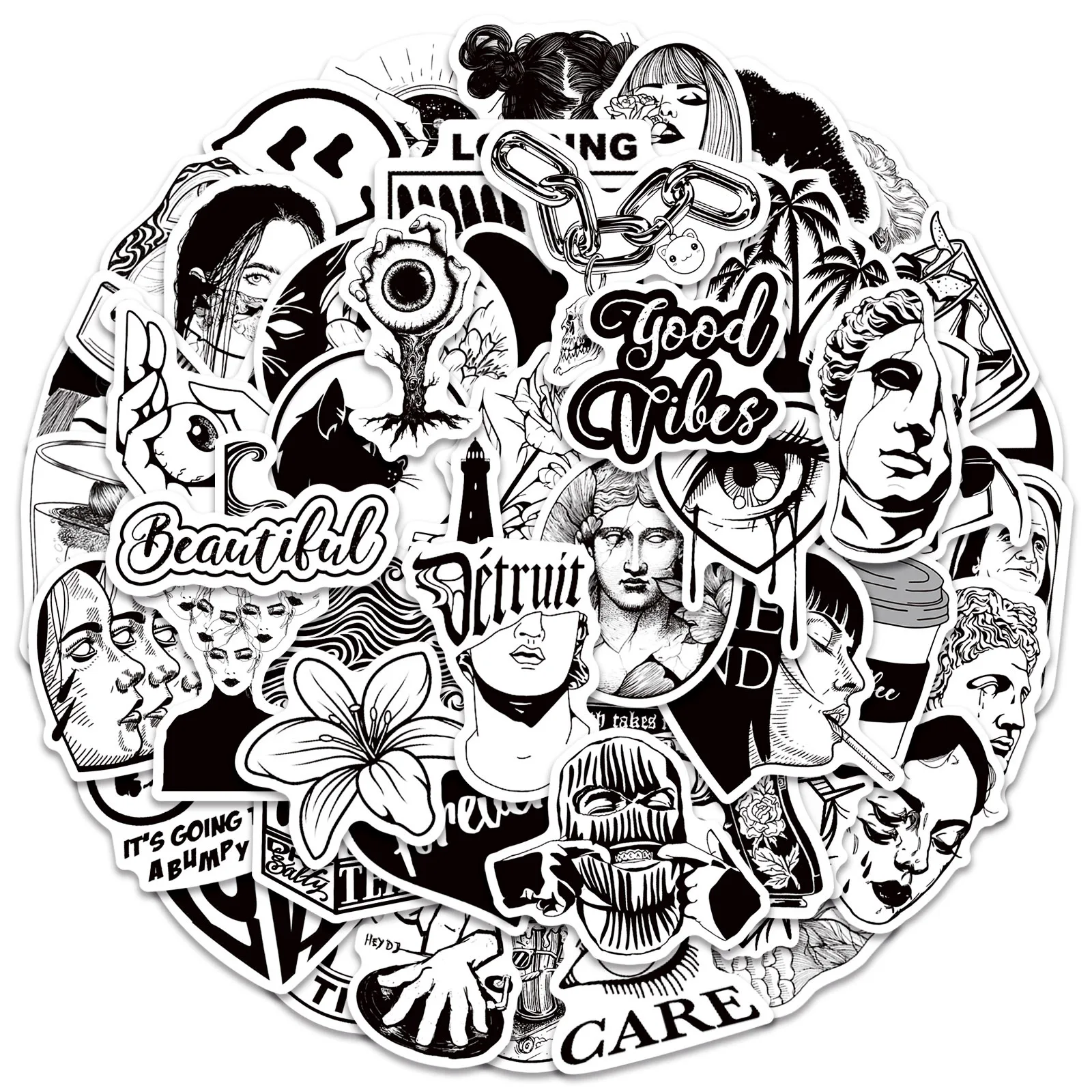 50Pcs ﻿Graffiti Black and White Art Styling Stickers Laptop Luggage Phone Case Guitar Fridge Car Motorcycle Cool Ins Decals