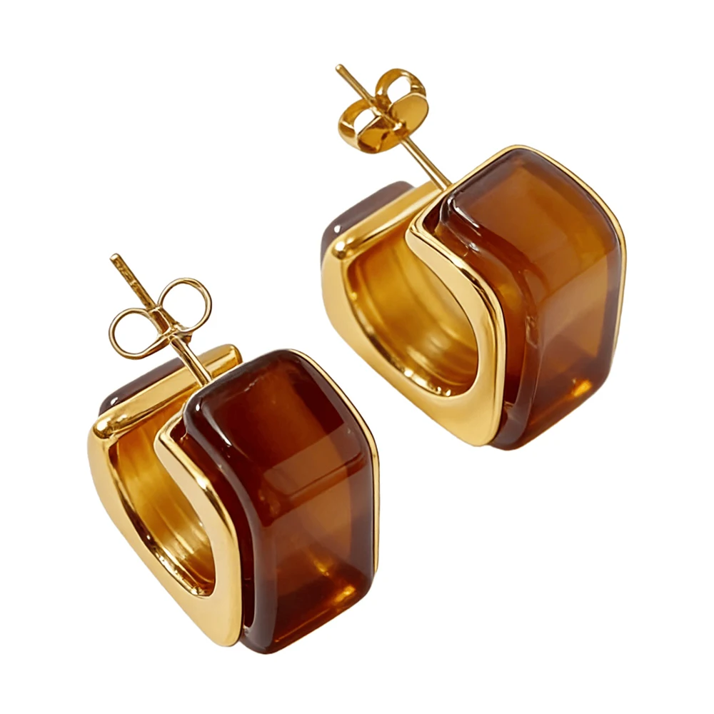 Stainless Steel Square Resin Stud Earrings for Women Minimalist Two-Tone Metal Earrings Retro Elegant Daily Jewelry Gift