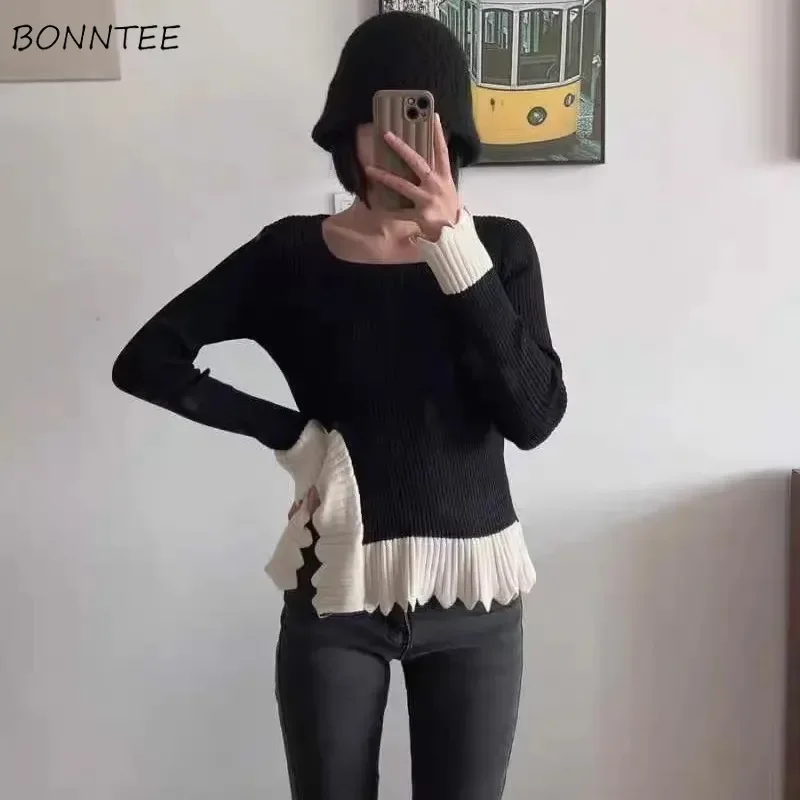 Autumn Chic Butterfly Sleeve Knitted Pullover for Women Fashion Irregular Low Cut  Sweater Basic Sweet Ladies Knitwear BF