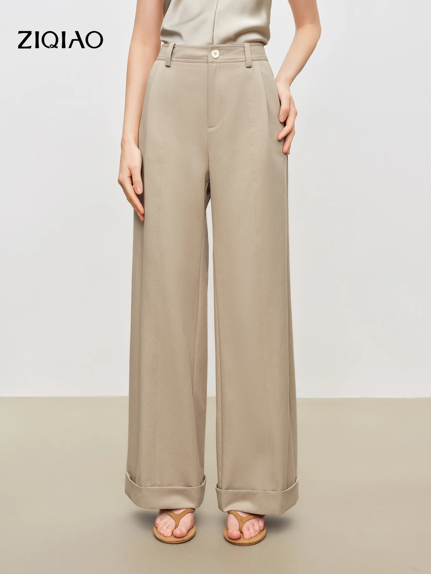 ZIQIAO Women's Lyocell Cotton Draped Straight Leg Casual Pants 2026 Summer New Gray Cuffed Trousers Khaki Deep Grey Pants