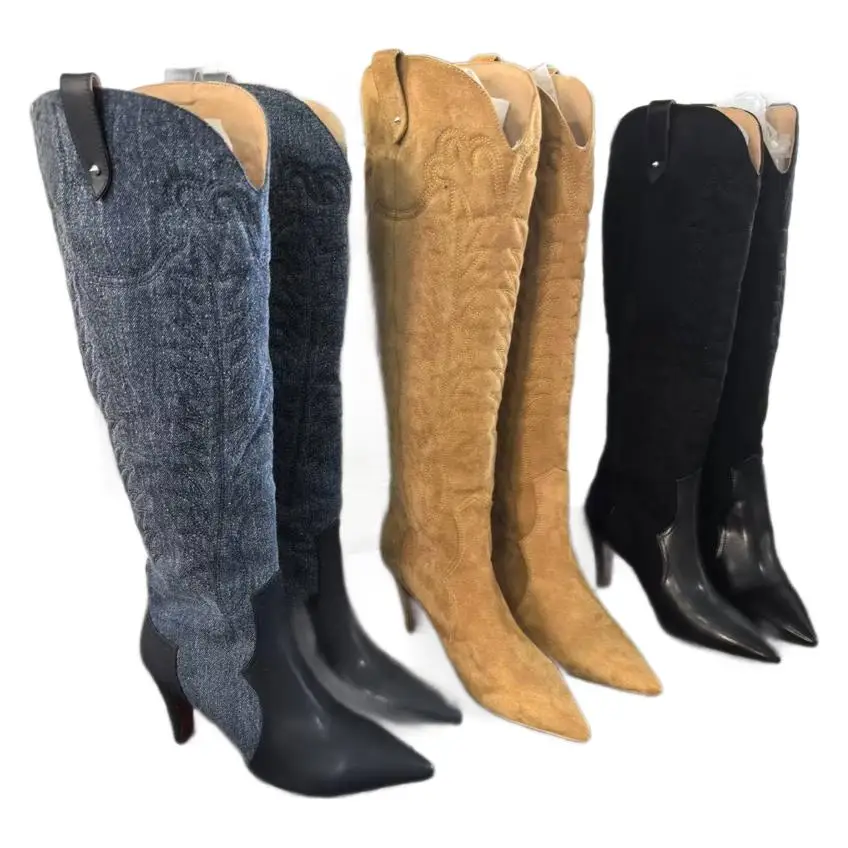 Pointed Toe Flannel Boats Embroidered Leather Knee-High Boots Women  High Heels Designer Style Slip On Winter Long Booties 2025