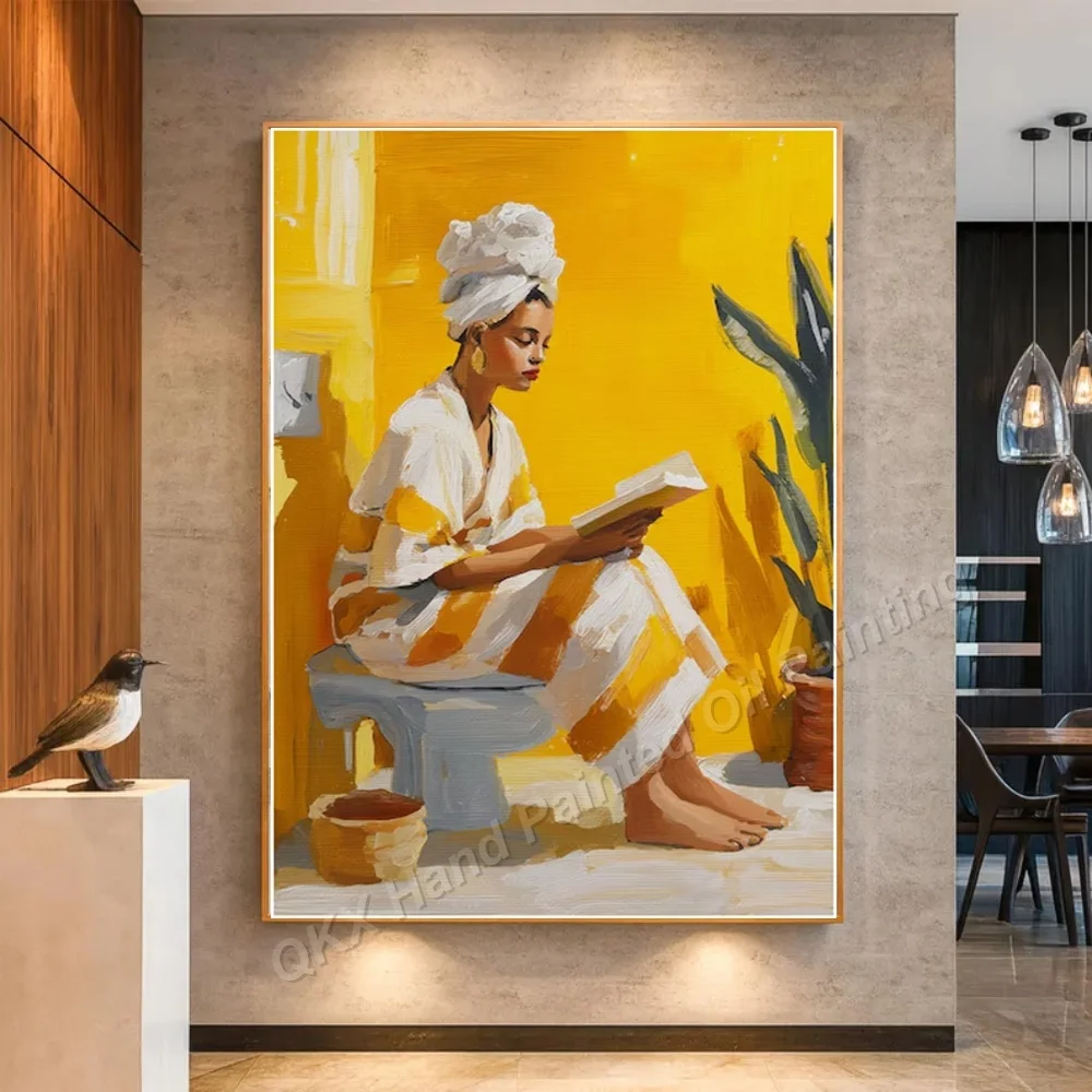 Boho Woman Reading Book with Potted Plant Bright Yellow Oil Painting on Canvas 100% Hand-Painted Wall Art Decor for Living Room