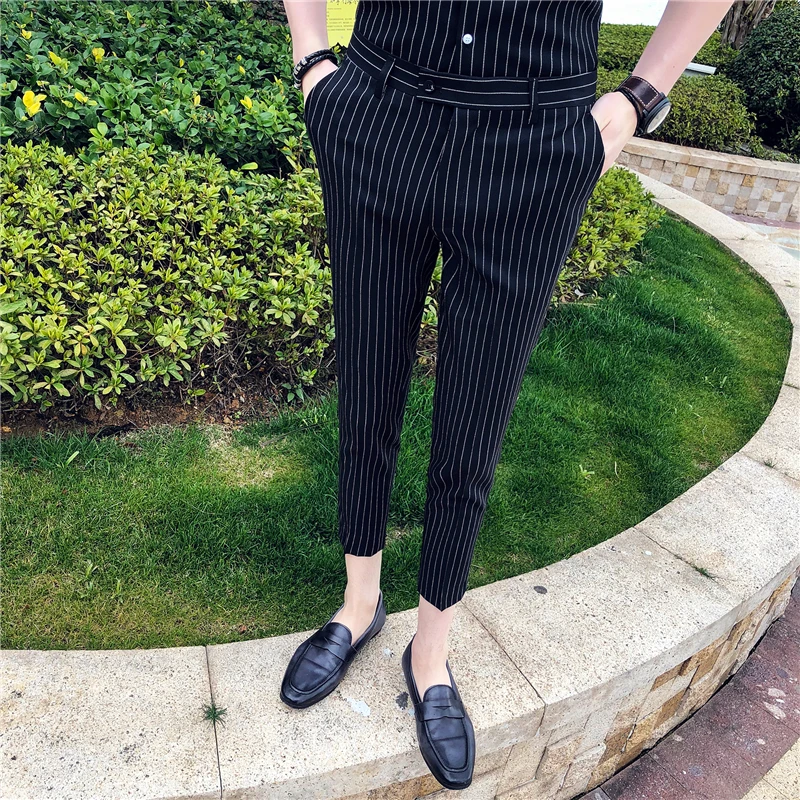 2023 Men Stripe Pants Slim Fit Midwaist Trousers Classic Vintage Check Suit Male Wedding Pants Men Business Formal Trousers 35