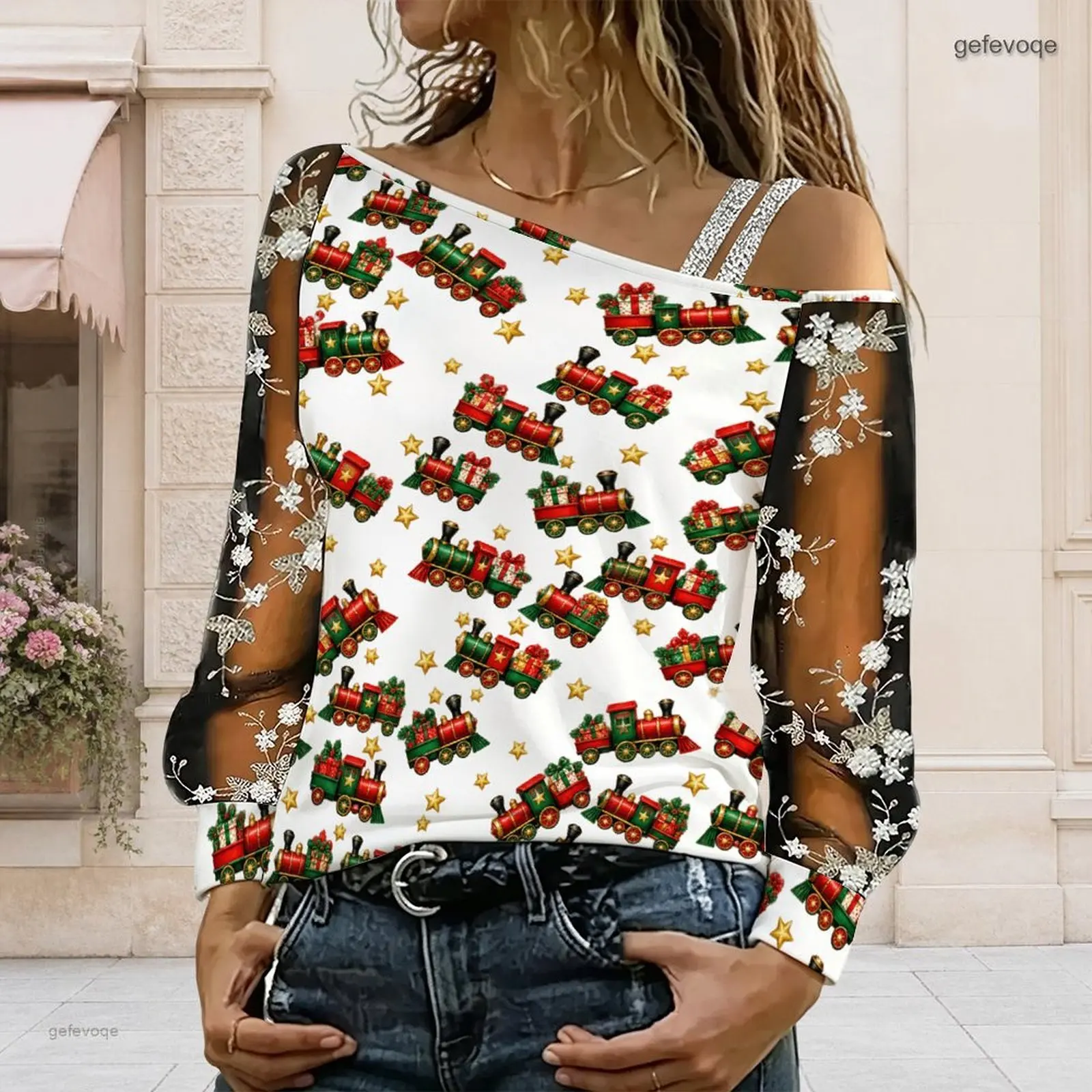 Women Asymmetric Cold Shoulder Long Sleeve Top Printed Christmas Rocking Horse Sheer Mesh Casual Top