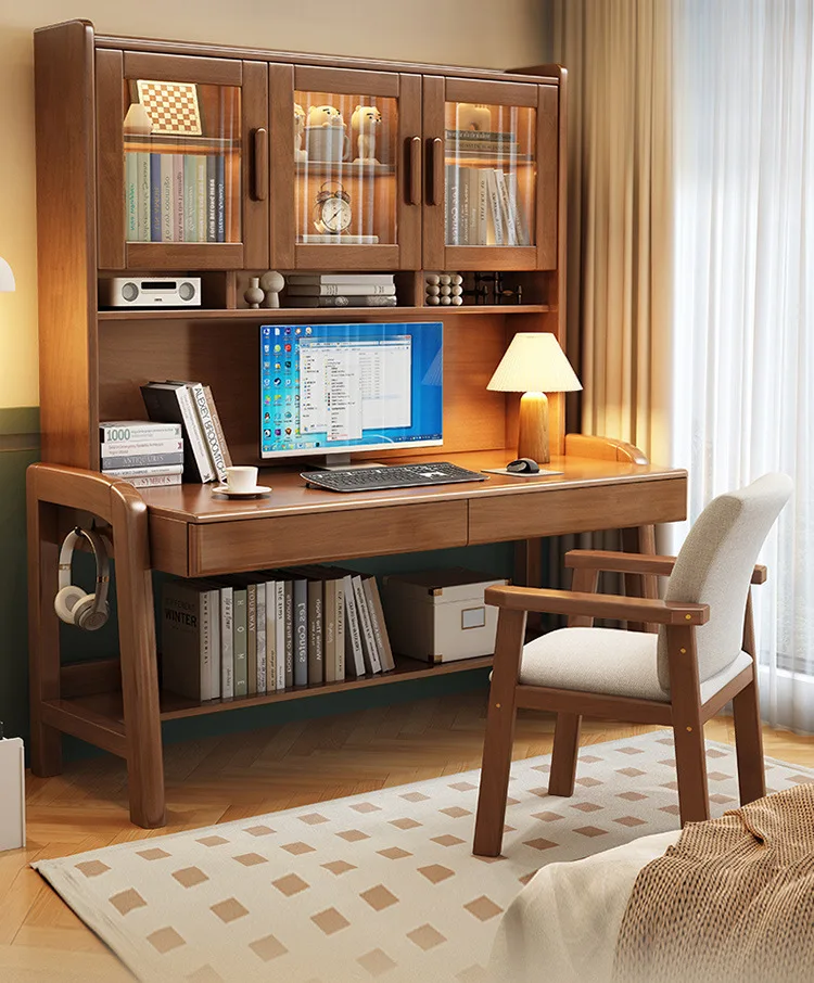 Solid wood bookshelf Modern simple Household computer desk Student-specific study table with bookcase