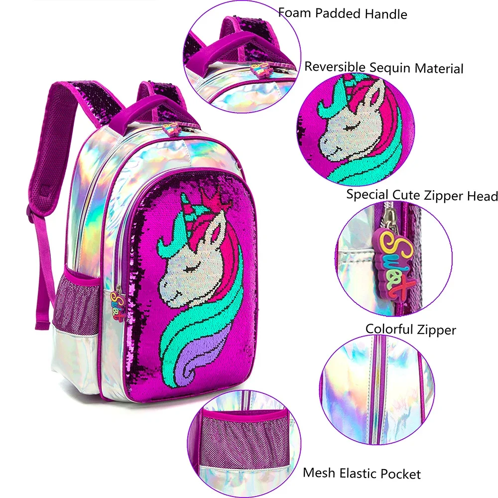 BIKAB Unicorn School Bag Double Sided Sequin Backpack Set Lightweight Kawaii Backpack Girl Backpack School Supplies for Girls