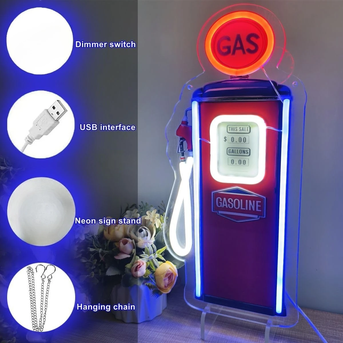 Retro Gas Pump Neon Sign USB Powered LED Neon Light for Garage Bar Gaming Room Bedroom Decoration Birthday Gift Art Wall Light