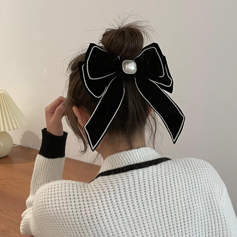 Épingles à cheveux avec nœud en velours coréen pour femmes, bijoux de luxe, accessoires pour cheveux, en tissu strass avec perles