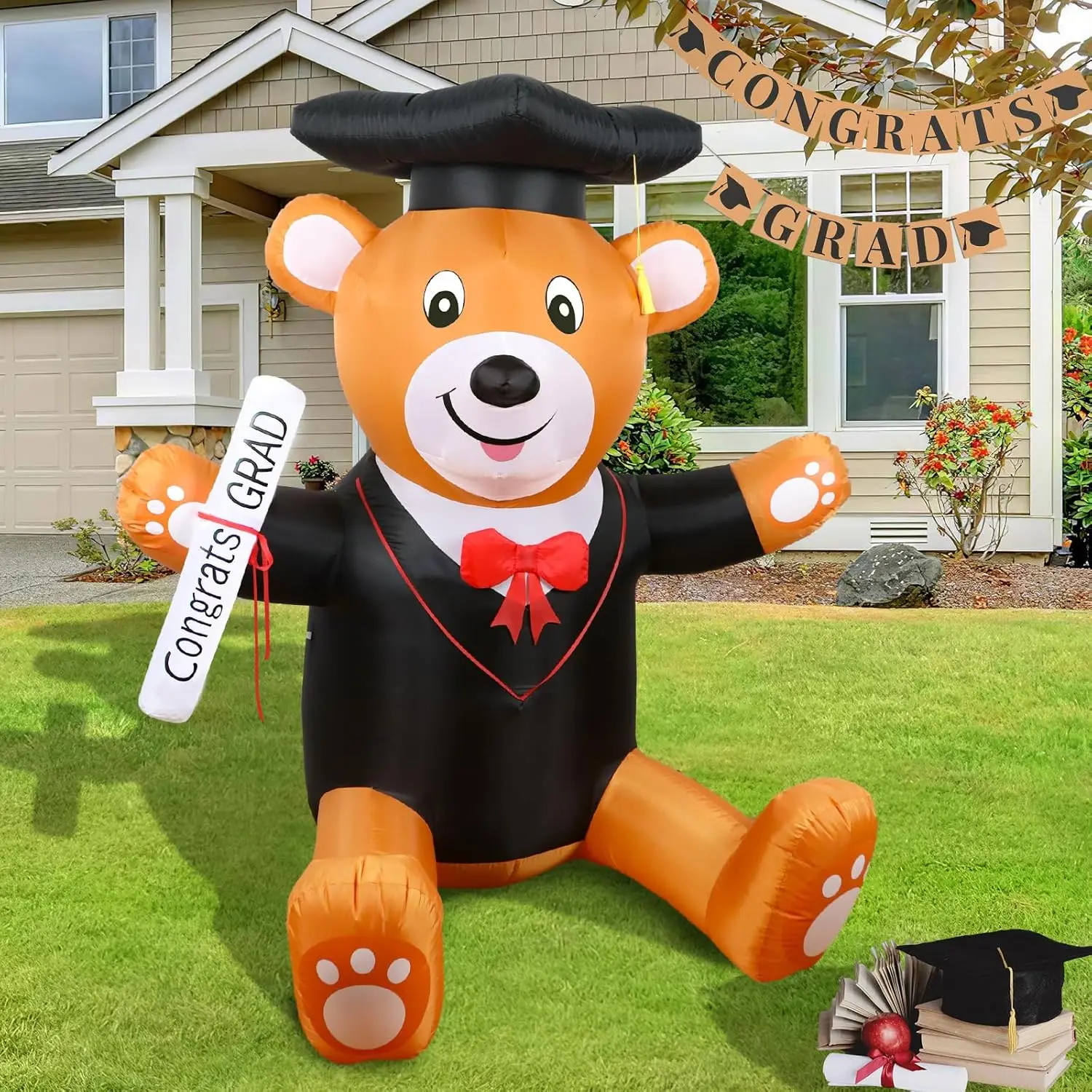 4 Ft Christmas Inflatable Teddy Bear with Cap Gown Diploma Build-in LEDs Blow Up Clearance for Holiday Party Decorations Toys