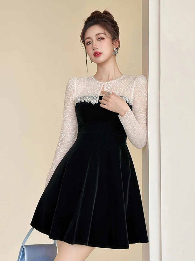 Elegant Black Velvet & White Lace Spliced Evening Party Dress Women's Cute Sexy Sheer Swing Ball Gown Lady Prom Vestidos Dating