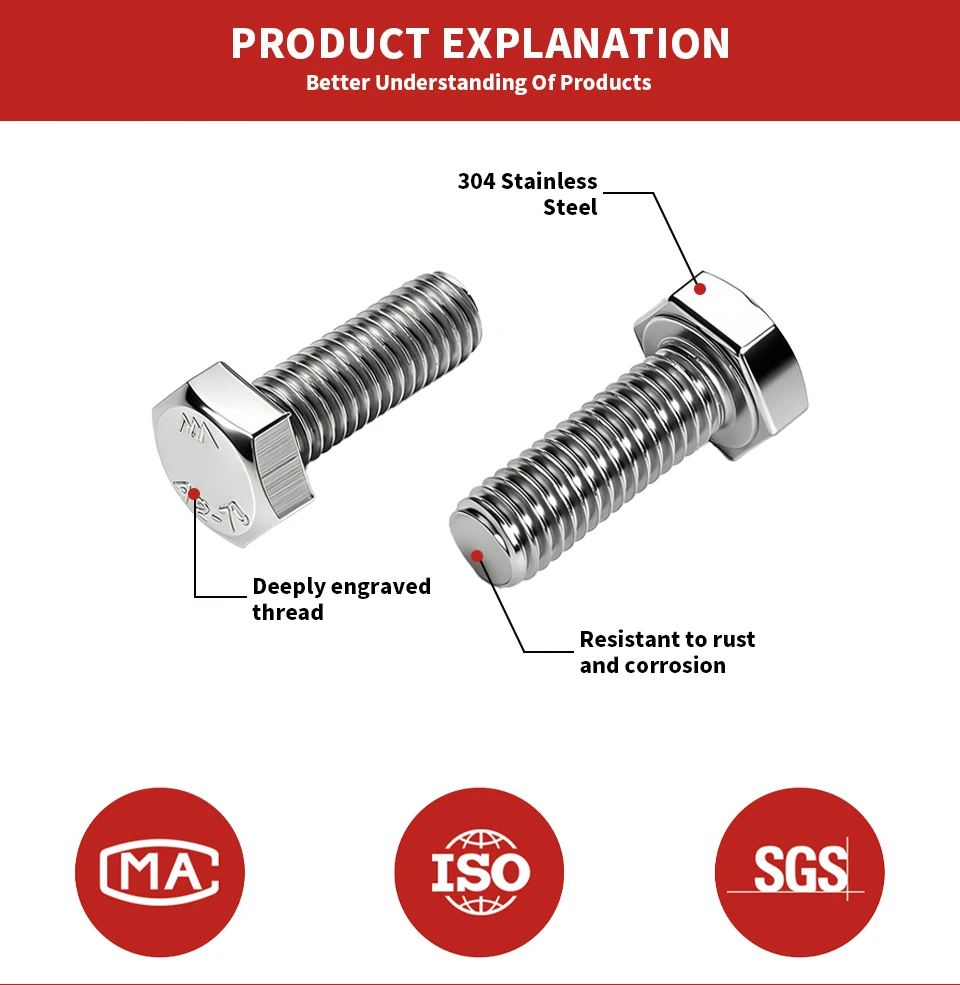 Auf Lager: M8 GB30 Sechskantschrauben, 304 Edelstahl, Vollgewinde, Schrauben-, Muttern- und Unterlegscheiben-Set, metrisches Hardware-Set für Möbel, Autoreparatur, Heimwerkerbedarf – Detail 2