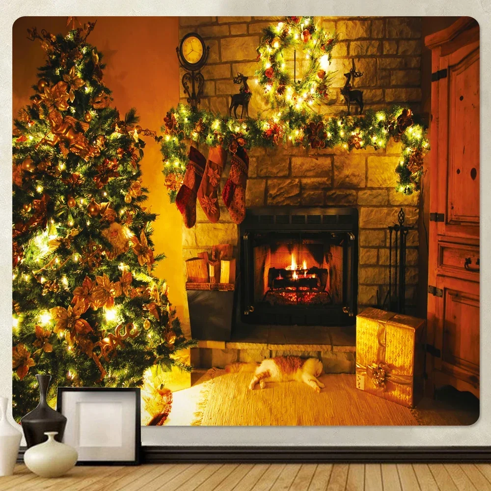 Christmas Day Fireplace Home Decoration Art Tapestry Christmas Tree Wall Hanging Hippie Large Size Tapestry Wall Decoration