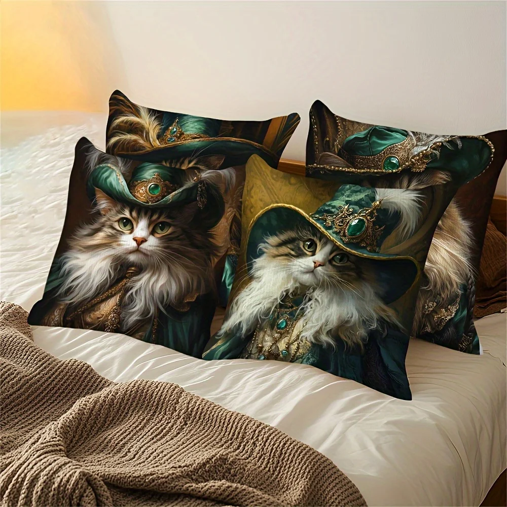 2D Flat Vintage Noble Cat Pillow Covers, 4pcs Set, Double Sided Print, Royal Cat with Hat Decor Cases for Sofa Home Decor