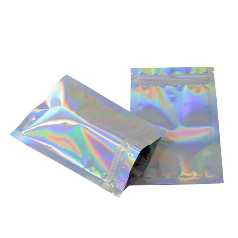 100Pcs Recyclable Flat Front Clear Hologram Aluminum Foil Laser Zip Lock Packaging Bags Snack Candy Makeup Gift Storage Pouches