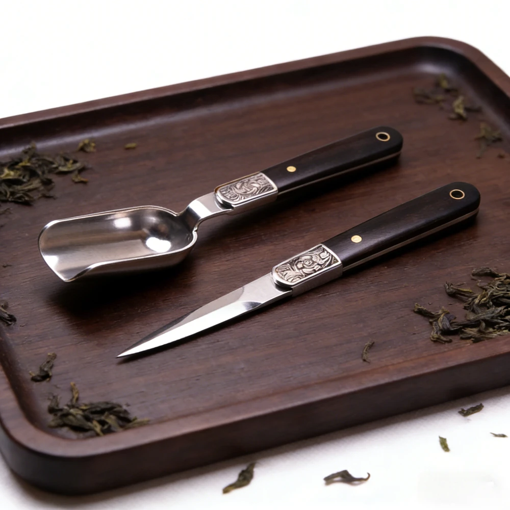 2 Pcs Stainless Steel Pu'er Tea Knife Cutter Spoon Set, Rosewood Handle Daily Tea Brewing Accessories Kit