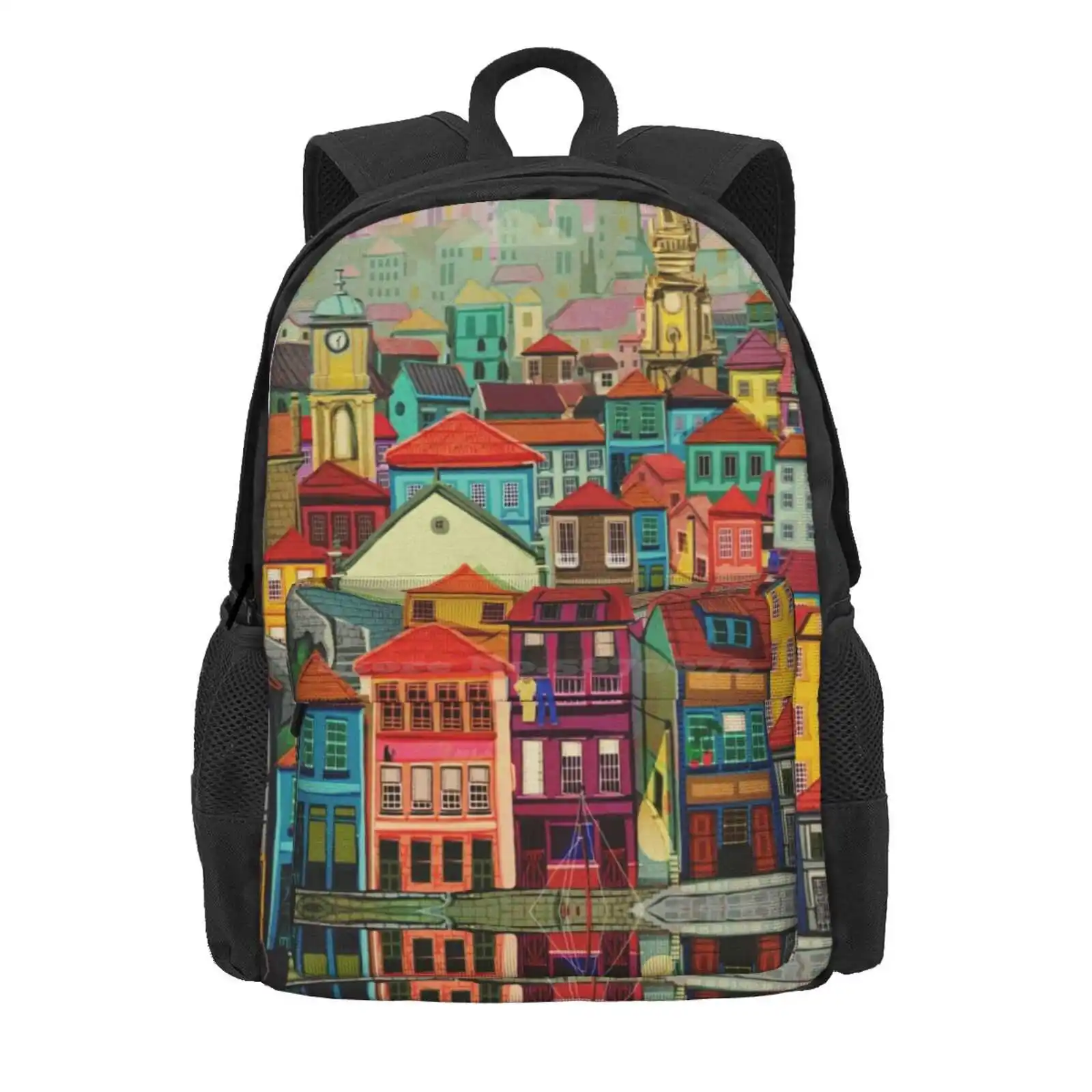 Porto Hot Sale Schoolbag Backpack Fashion Bags Porto Portugal City Landscape Watercolor River