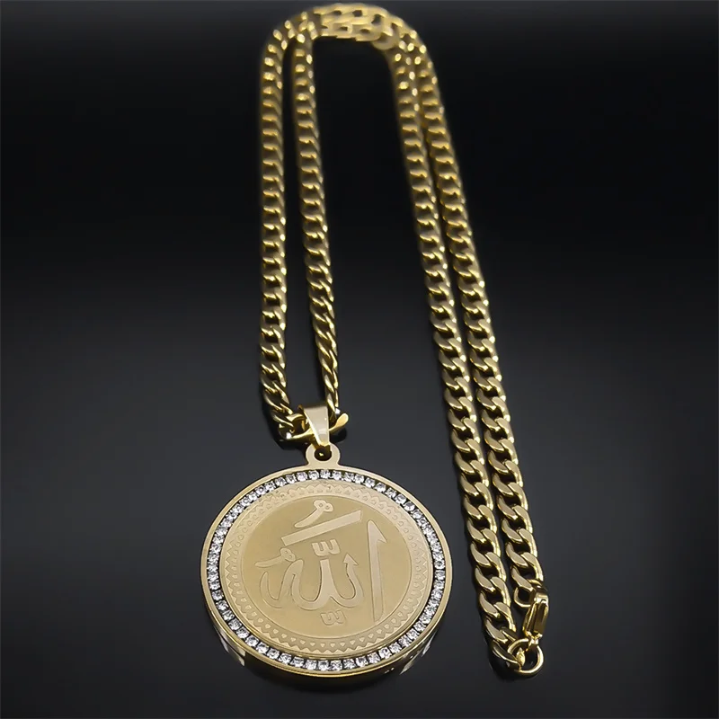 Catholic Saint Benedict Pendant Necklace for Women Men Stainless Steel Gold Color Rhinestone Religion Male Chain Jewelry