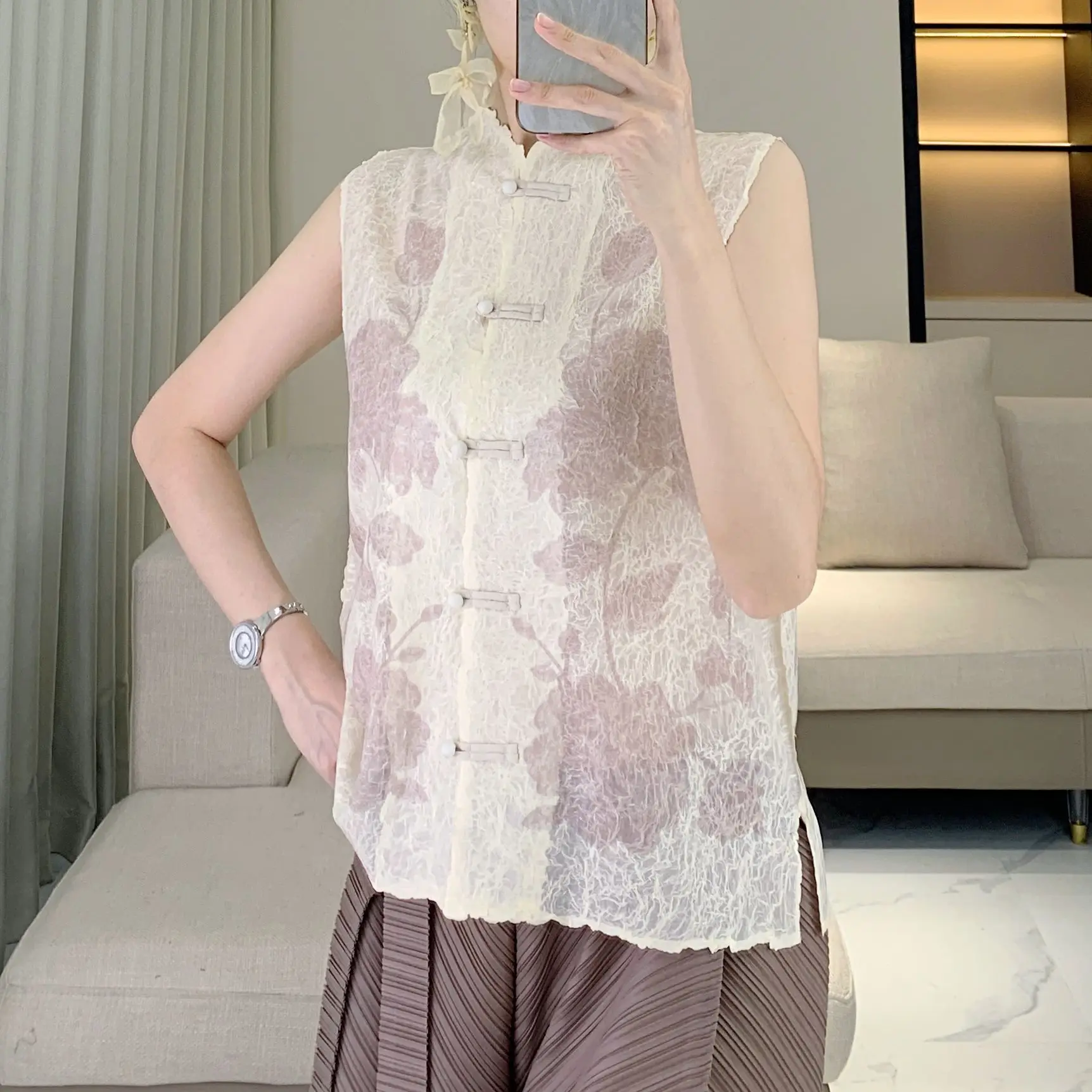 Miyake 2025 New Chinese Elegant Light Vest Women's Casual Classical National Style Button Printed Shirt Elegant Fashion Top