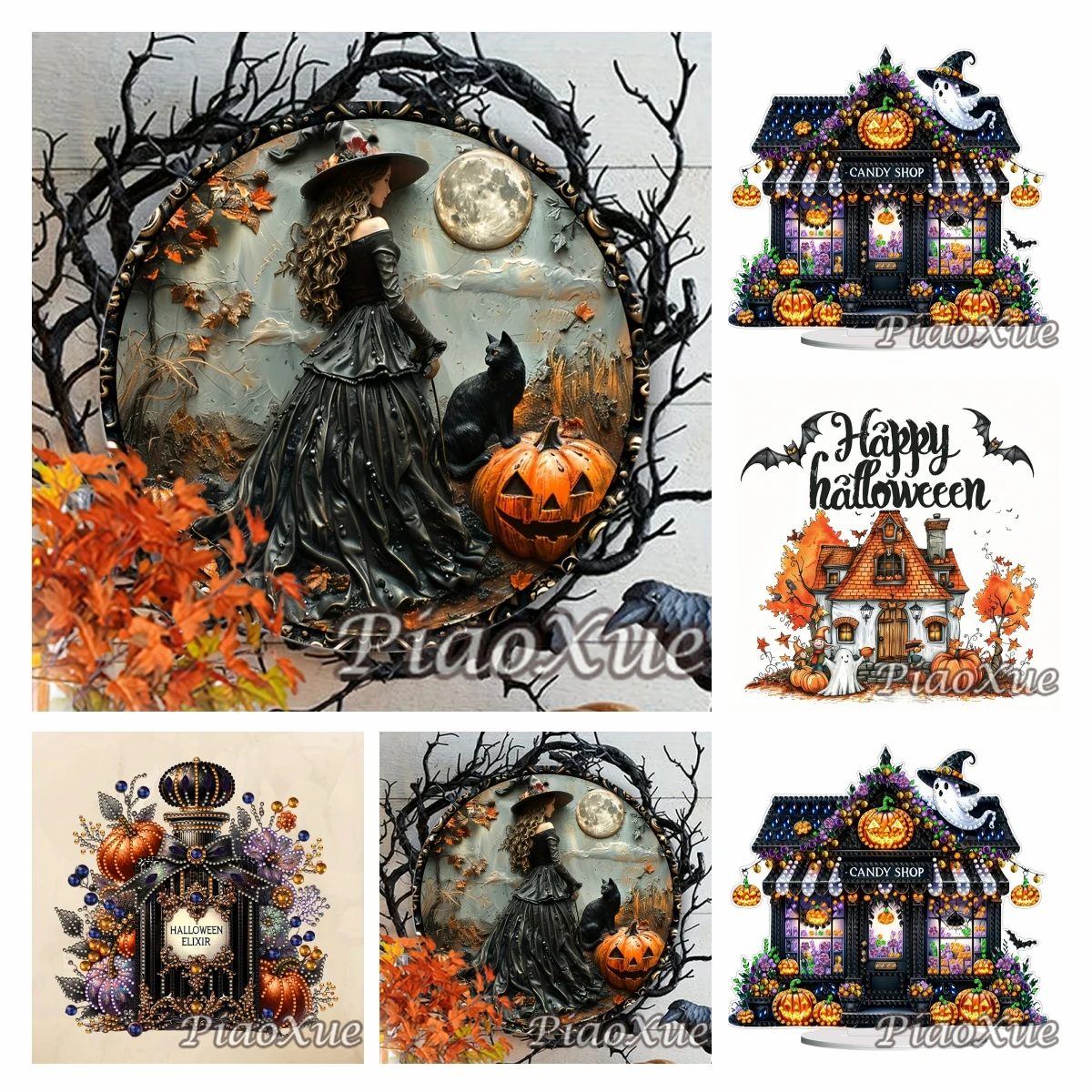 Halloween Gothic Hexe schwarze Katze DIY Acryl Diamant Kunst Malerei Kürbis Haus Candy Shop Diamant Stickerei Ghost Party Dekor