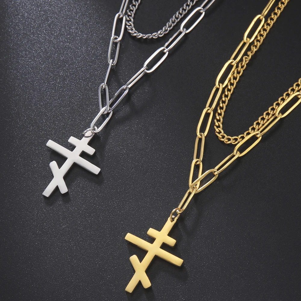 Dawapara Vintage Orthodox Cross Crucifix Stainless Steel Pendant Women Necklace Double Layer Chain Necklace Christian Amulet