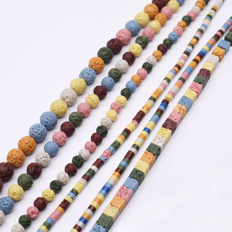 4 6 8 10mm Volcanic Lava Natural Stone Beads Colorful Round Cube Space loose Bead For Jewelry Making DIY Bracelet Necklace