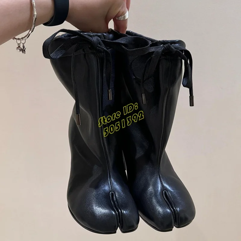 

Черные кожаные ботильоны с раздельным носком на высоком каблуке, подиум 2026, зима-осень, женская горячая распродажа, новейшие модельные туфли на шнуровке