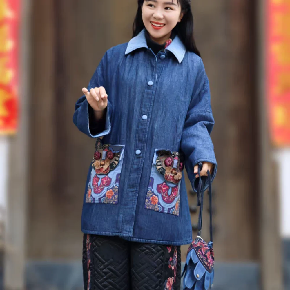 Vintage Blue Denim Linen Cardigan Women's Winter Clothing Padded Jacket Ethnic Style Loose Embroidery Cotton Outerwears