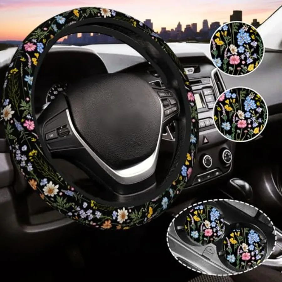 

Cute Wildflower Steering Wheel Cover for Women, Universal Auto Steering Wheel 4-5 Inch Car Interior Accessories with 2PCS Car C
